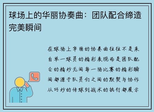 球场上的华丽协奏曲:团队配合缔造完美瞬间