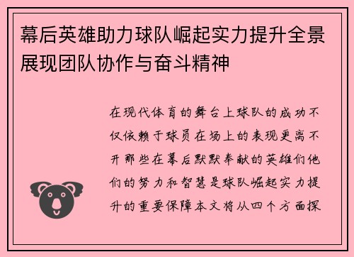 幕后英雄助力球队崛起实力提升全景展现团队协作与奋斗精神