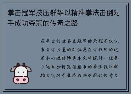 拳击冠军技压群雄以精准拳法击倒对手成功夺冠的传奇之路