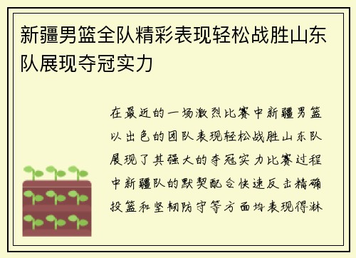 新疆男篮全队精彩表现轻松战胜山东队展现夺冠实力