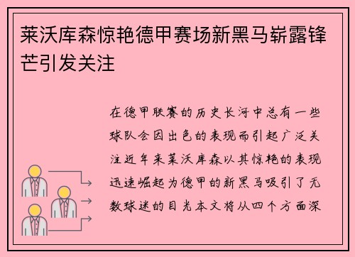 莱沃库森惊艳德甲赛场新黑马崭露锋芒引发关注