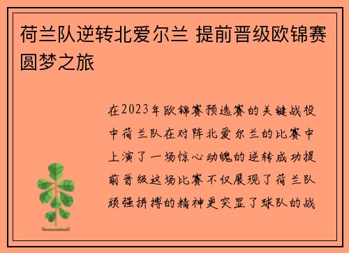 荷兰队逆转北爱尔兰 提前晋级欧锦赛圆梦之旅