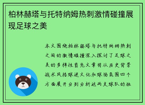 柏林赫塔与托特纳姆热刺激情碰撞展现足球之美