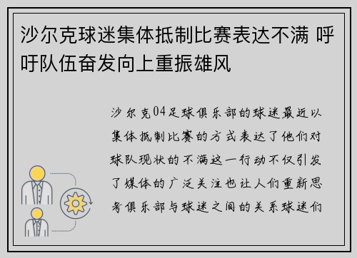 沙尔克球迷集体抵制比赛表达不满 呼吁队伍奋发向上重振雄风