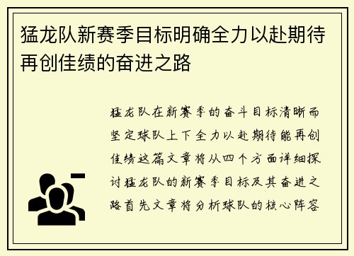 猛龙队新赛季目标明确全力以赴期待再创佳绩的奋进之路