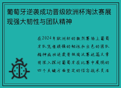 葡萄牙逆袭成功晋级欧洲杯淘汰赛展现强大韧性与团队精神