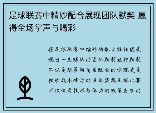 足球联赛中精妙配合展现团队默契 赢得全场掌声与喝彩