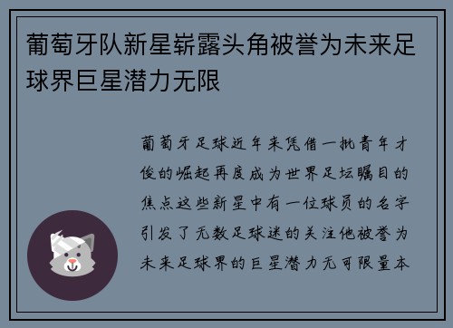 葡萄牙队新星崭露头角被誉为未来足球界巨星潜力无限