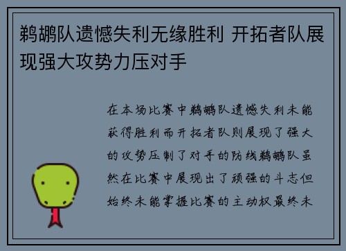 鹈鹕队遗憾失利无缘胜利 开拓者队展现强大攻势力压对手