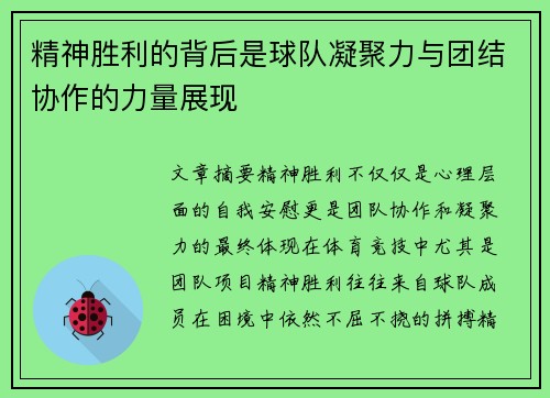 精神胜利的背后是球队凝聚力与团结协作的力量展现