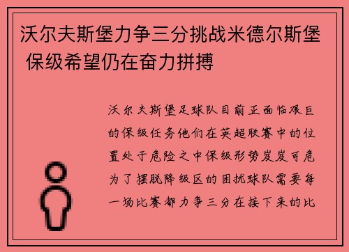 沃尔夫斯堡力争三分挑战米德尔斯堡 保级希望仍在奋力拼搏