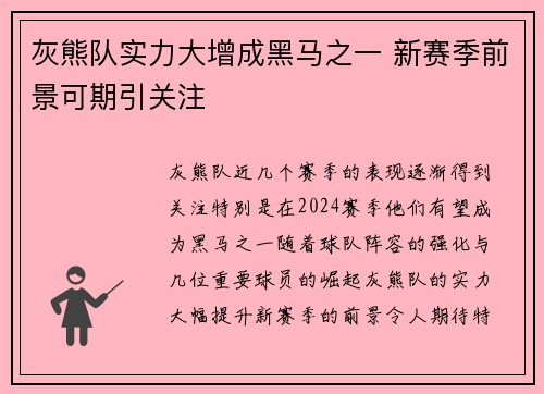 灰熊队实力大增成黑马之一 新赛季前景可期引关注