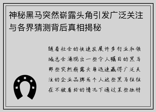 神秘黑马突然崭露头角引发广泛关注与各界猜测背后真相揭秘