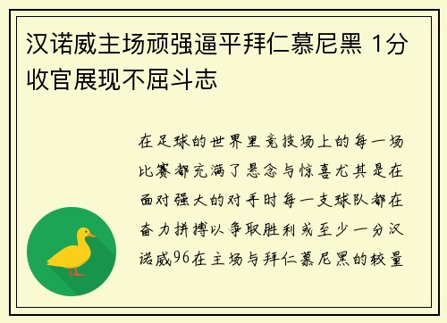 汉诺威主场顽强逼平拜仁慕尼黑 1分收官展现不屈斗志