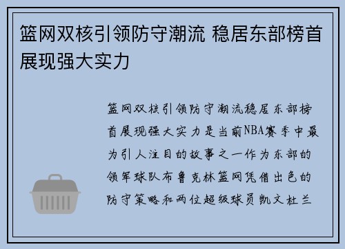 篮网双核引领防守潮流 稳居东部榜首展现强大实力