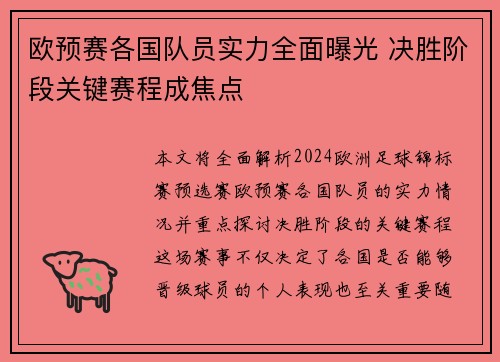 欧预赛各国队员实力全面曝光 决胜阶段关键赛程成焦点