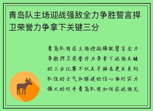 青岛队主场迎战强敌全力争胜誓言捍卫荣誉力争拿下关键三分
