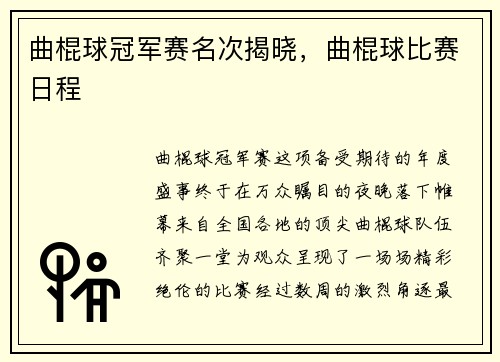 曲棍球冠军赛名次揭晓,曲棍球比赛日程