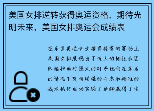 美国女排逆转获得奥运资格,期待光明未来,美国女排奥运会成绩表