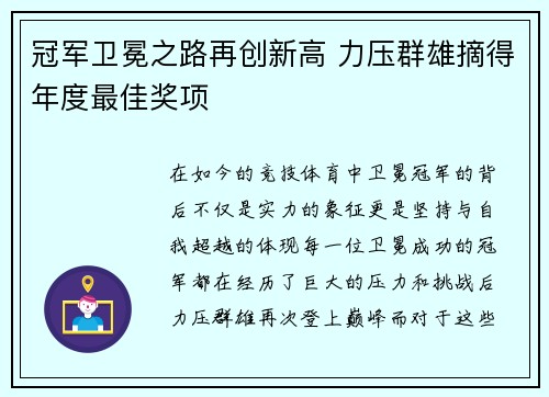 冠军卫冕之路再创新高 力压群雄摘得年度最佳奖项