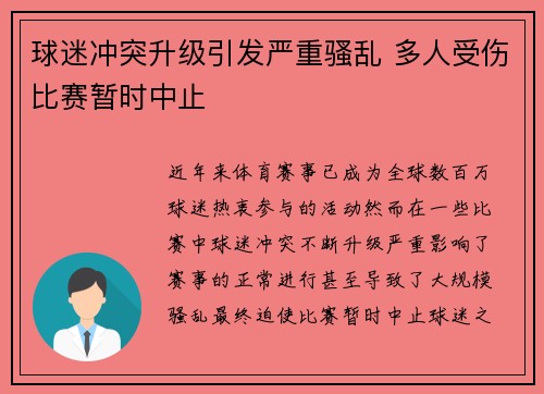 球迷冲突升级引发严重骚乱 多人受伤比赛暂时中止