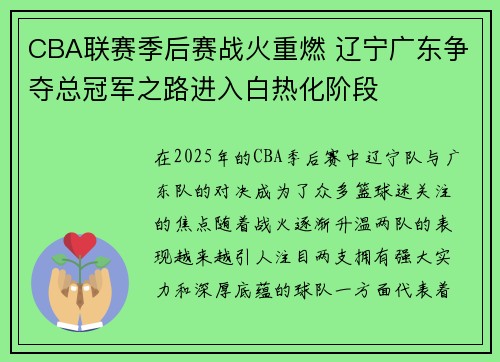 CBA联赛季后赛战火重燃 辽宁广东争夺总冠军之路进入白热化阶段